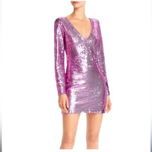 NWT LIKELY Beverly Sequined Mini Dress long sleeve pink festive v-neck size 0